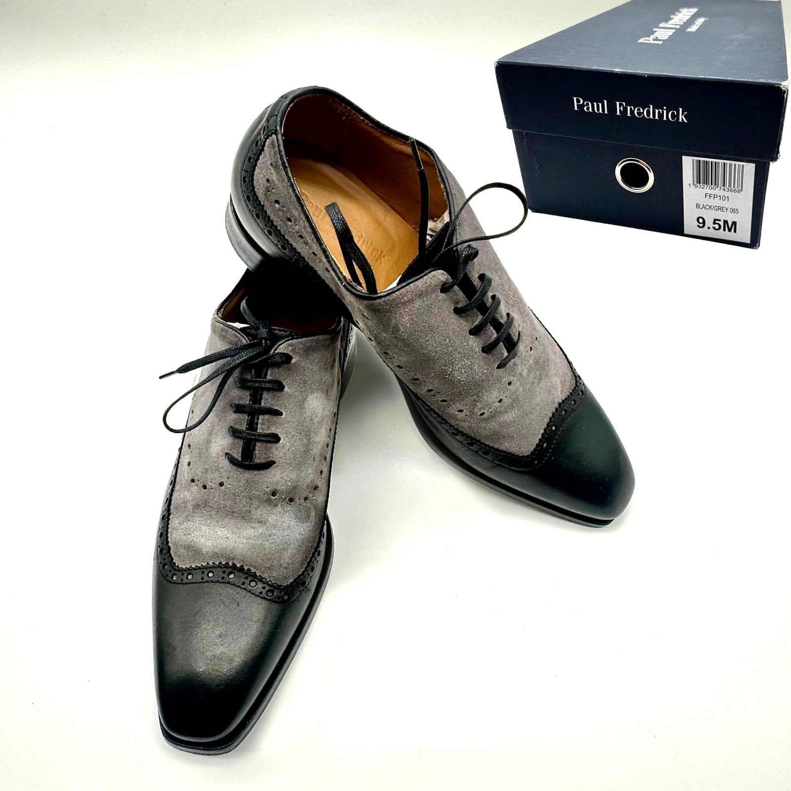 Paul Fredrick Black/Grey Leather & Suede Oxford Dress Shoes 9.5m Box & Bag